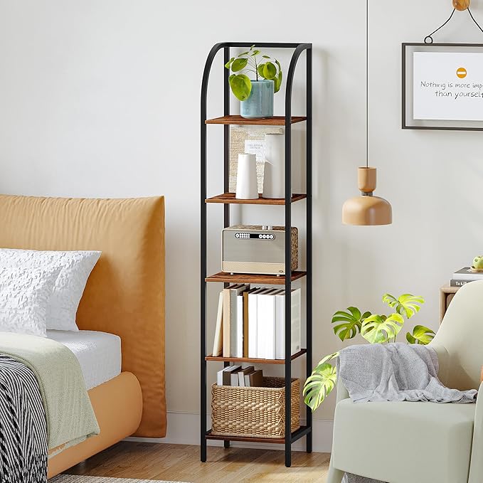 Bookshelf Bookcase Narrow Bookcase Shelf Organizer with Steel Frame for Study Living Room Bedroom Kitchen Home Office Industrial Bookshelf 5-Tier Rustic Brown BC55001B
