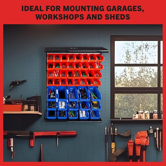 47-Bin Garage Organization Rack (15 Large, 32 Small) - Tabletop or Wall Mount Steel Rack with Removable Stackable Garage Storage Bins, Small Parts Organizer for Hardware or Office Supplies by Stalwart