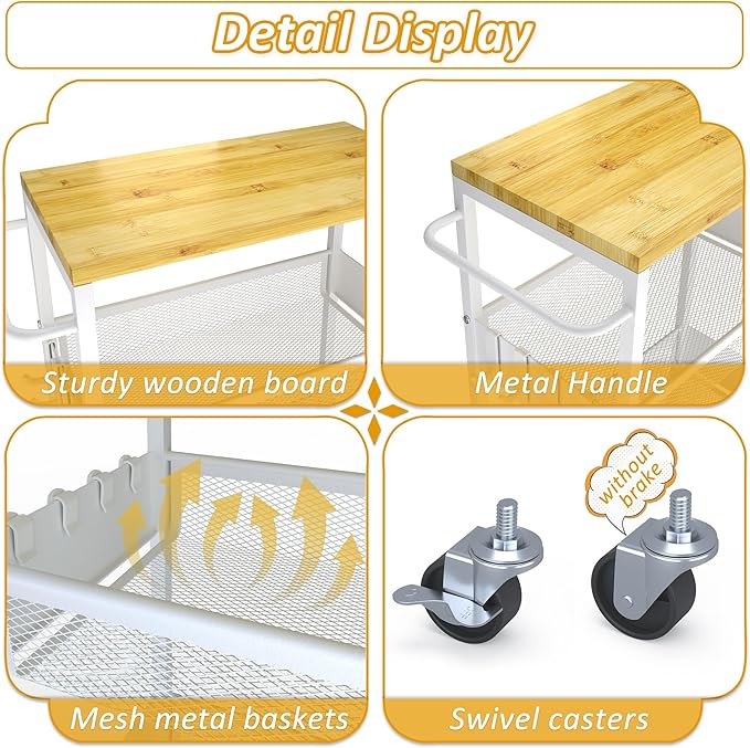 Slim Storage Cart on Wheels, 4 Tier Metal Narrow Rolling Cart with Handle and Wood Top, Multifunctional Small Mobile Shelf Unit Organizer Trolley for Laundry, Bathroom, Kitchen