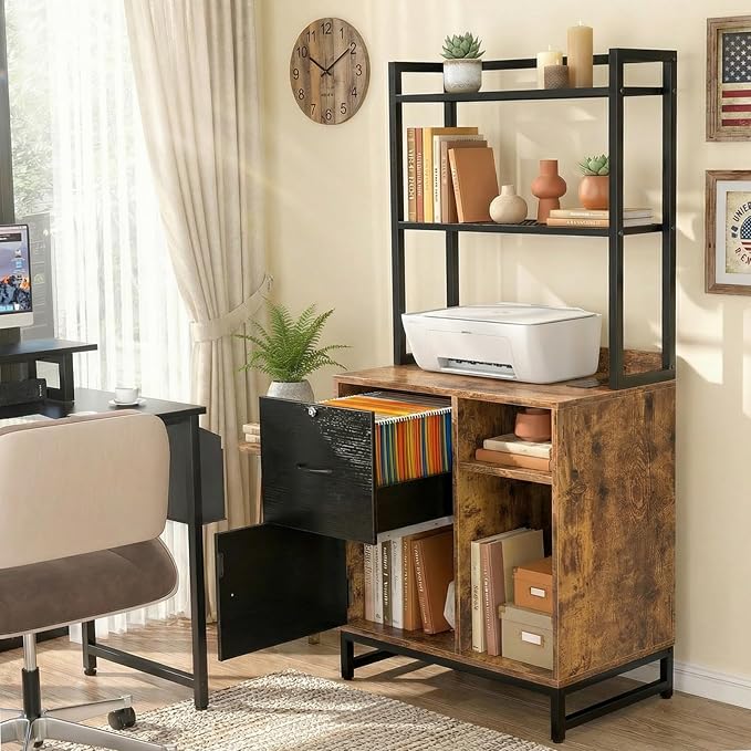 Homieasy Vertical Filing Cabinet with Bookshelf for Home Office, File Cabinet with Shelves, Lock & Charging Station, Drawer Office File Cabinets with Printer Stand, fits Letter Size, Rustic Brown
