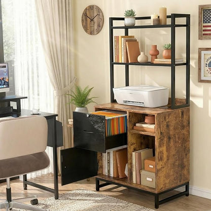 Homieasy Vertical Filing Cabinet with Bookshelf for Home Office, File Cabinet with Shelves, Lock & Charging Station, Drawer Office File Cabinets with Printer Stand, fits Letter Size, Rustic Brown