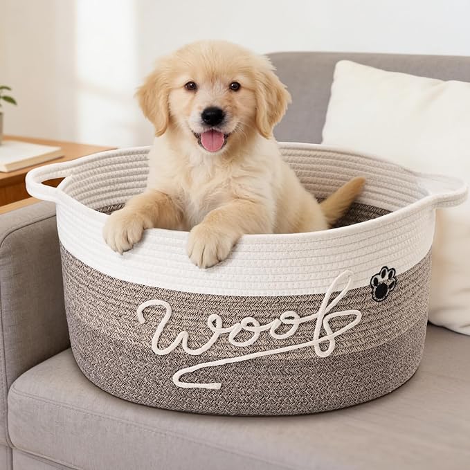 Woof Dog Toy Basket with Handles, Large Dog Toy Storage Bin with Paw Print, Woven Dog Basket for Blankets, Toys, Chews, Pet Toy Box for Nursery, Living Room, Bedroom, 17”x12”x9, Brown