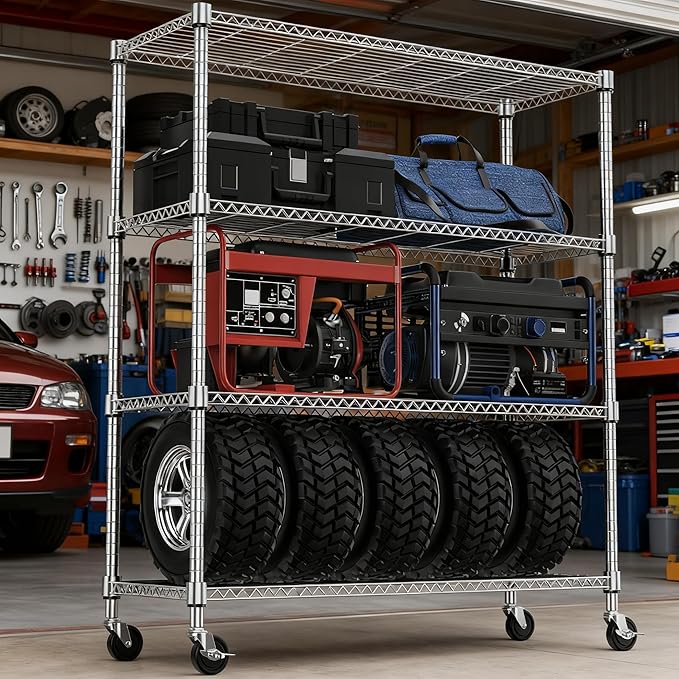 1400LBS 47.2" W 4 Tiers Storage Shelves Metal Shelving Unit with Wheels Heavy Duty Garage Shelving Adjustable Wire Shelves for Pantry,Kitchen,Garage,Basement,Chrome 17.7" D x 47.2" W x 62.6" H