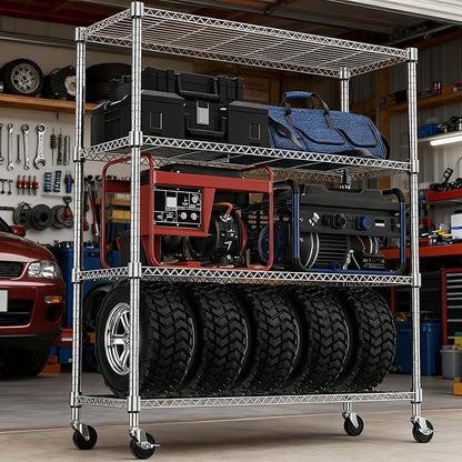 1400LBS 47.2" W 4 Tiers Storage Shelves Metal Shelving Unit with Wheels Heavy Duty Garage Shelving Adjustable Wire Shelves for Pantry,Kitchen,Garage,Basement,Chrome 17.7" D x 47.2" W x 62.6" H