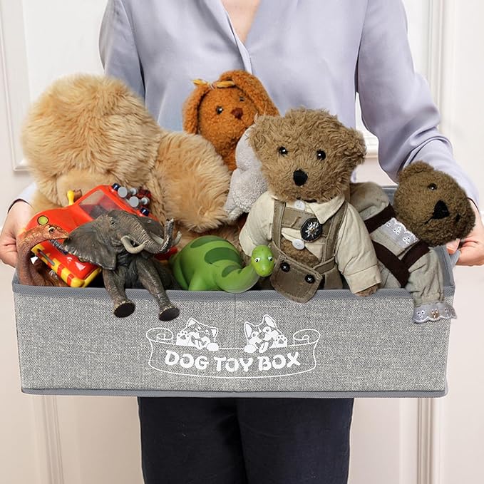 Foldable Pet Toy Storage Box with 3 Handles, Portable Organizer Basket for Dog Toys, Blankets & Accessories, White Dogs