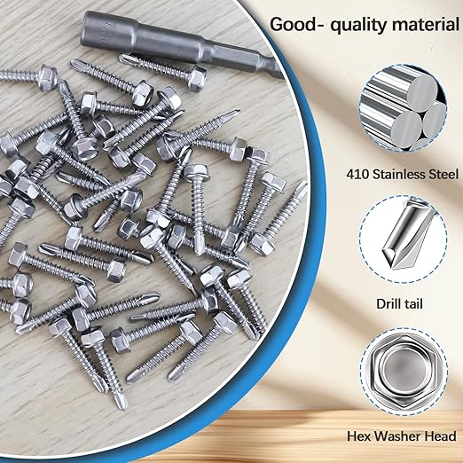 mxuteuk #10×1" Self Tapping Screws,410 Stainless Steel Self Tapping Screws for Metal,Self Drilling Screws,Hex Washer Head Sheet Metal Screws Suitable for Wood, Metal or Tough Materials (125PCS)