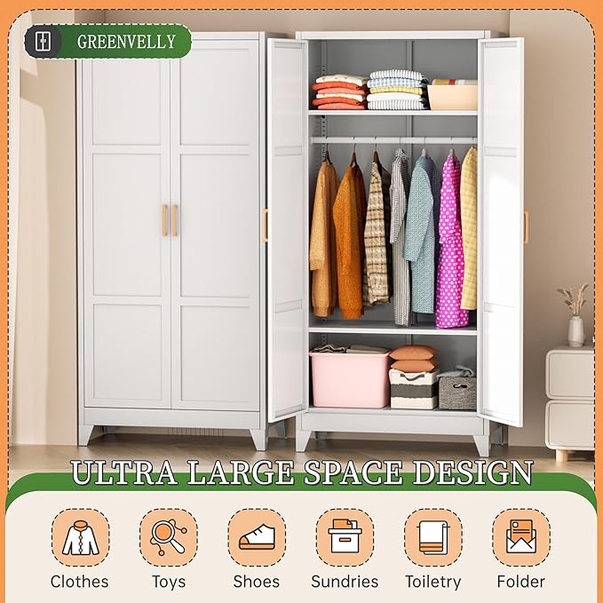 Bonusall 71" Metal Wardrobe,Steel Wardrobe Closet with Hanging Rod & Adjustable Shelves,Metal Storage Cabinet with 2 Doors, Decorative Metal Closet with Handles for Bedroom,Home Office Entryway
