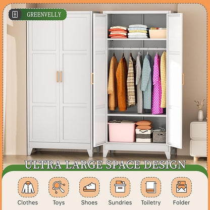 Bonusall 71" Metal Wardrobe,Steel Wardrobe Closet with Hanging Rod & Adjustable Shelves,Metal Storage Cabinet with 2 Doors, Decorative Metal Closet with Handles for Bedroom,Home Office Entryway