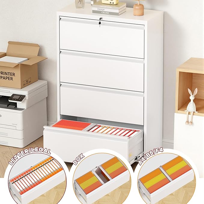 Bonusall File Cabinet, Lateral Filing Cabinet, 4 Drawer Metal File Cabinet with Lock, Lockable Filing Cabinet for Home Office, Hanging Files Letter/Legal/A4/F4 - White