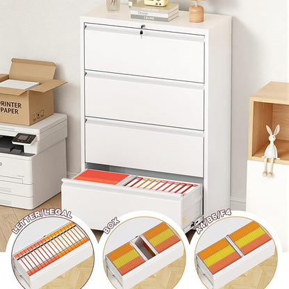 Bonusall File Cabinet, Lateral Filing Cabinet, 4 Drawer Metal File Cabinet with Lock, Lockable Filing Cabinet for Home Office, Hanging Files Letter/Legal/A4/F4 - White