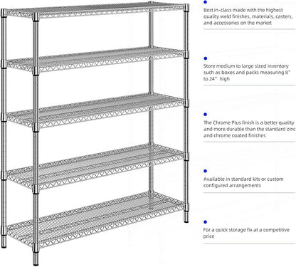 3500LBS 59" W 5 Tier Storage Shelves Rack Metal Wire Shelving Unit, Storage Standing Shelf Organizer for Laundry Bathroom Kitchen Pantry Closet Garage, Chrome 17.7" D x 59.1" W x 70.4" H