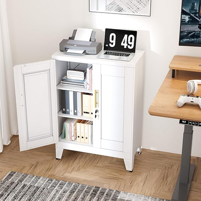 White Metal Pantry Cabinet with Lock(Two Units), Sideboard Buffet Storage Cabient with Doors and 2 Adjustable Shelves, Multifunctional Kitchen Cupboard for Home Office, Buffet Table