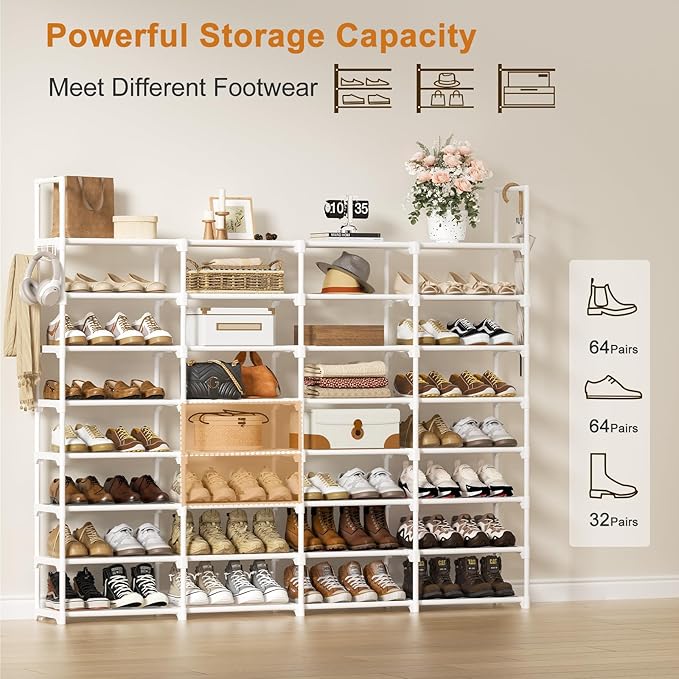 WOWLIVE Extra Large Shoe Rack, 4 Rows 8 Tier 56-64 Pairs Big Tall Metal Shoe Organizer, Stackable, Large Capacity Boot Rack Storage Organizer for Entryway, Closet, Garage, White