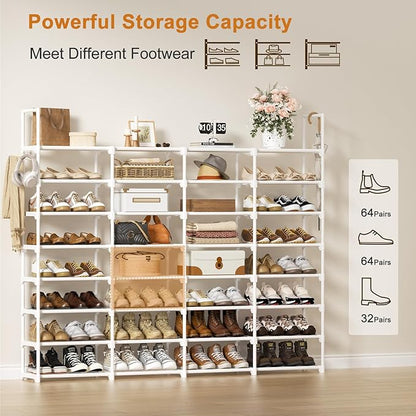 WOWLIVE Extra Large Shoe Rack, 4 Rows 8 Tier 56-64 Pairs Big Tall Metal Shoe Organizer, Stackable, Large Capacity Boot Rack Storage Organizer for Entryway, Closet, Garage, White