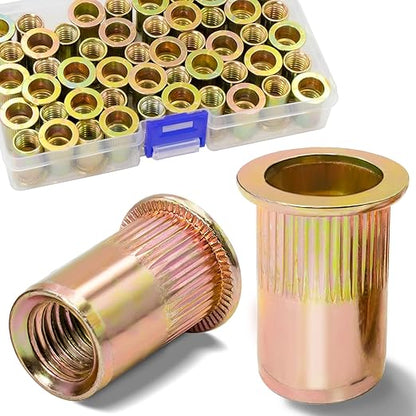 50Pcs M10 Rivet Nuts, Metric Zinc Plated Finish Carbon Steel Flat Head Threaded Insert Nutsert Kit