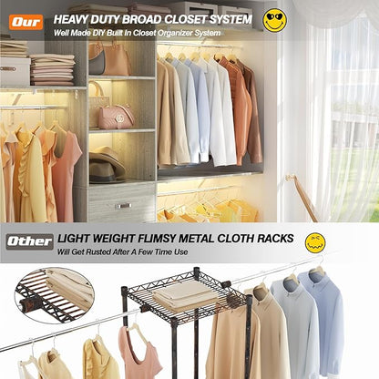 Armocity 96 Inches Closet System, 8FT Walk In Closet Organizer with 3 Shelving Towers, Heavy Duty Clothes Rack with 3 Drawers, Built-In Garment Rack, 96"L x 16"W x 75"H, Load 1000 LBS, White Oak