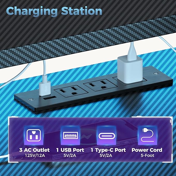 DUMOS L Shaped Gaming Desk with Shelves Storage Drawers 58'', Black Computer Desks with LED Lights Power Outlets, Office Wood Table with PC Stand Cable Management for Bedroom Dual Monitor Streaming