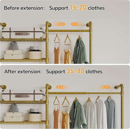 W3 Wall Mounted Closet System, Expandable Industrial Pipe Clothes Rack Clothing Rack for Hanging Clothes, Heavy Duty Garment Rack Closet Organizers and Storage Reach in Closet, Gold