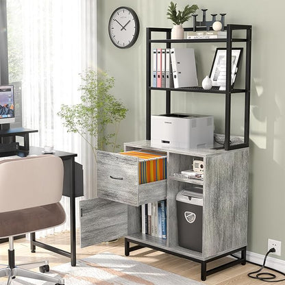 Homieasy Vertical Filing Cabinet with Bookshelf for Home Office, File Cabinet with Shelves, Lock & Charging Station, Drawer Office File Cabinets with Printer Stand, fits Letter Size, Light Oak