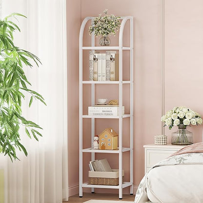 Bookcase Bookshelf, Tempered Glass Arched Bookshelf for More Storage, Slim Shelving Unit for Bedroom, Bathroom, Home Office, Steel Frame, 5 Tier White BC20599W