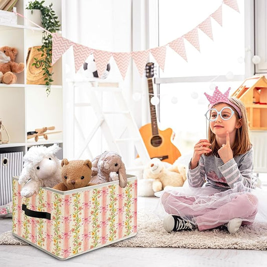 Pink Striped Bow Floral Storage Bin Box with Handles, Grandmillennial Shabby Chic Flower Botanical Foldable Organizer Basket Toybox for Girls Room Bedroom Bathroom Clothes Toys Books