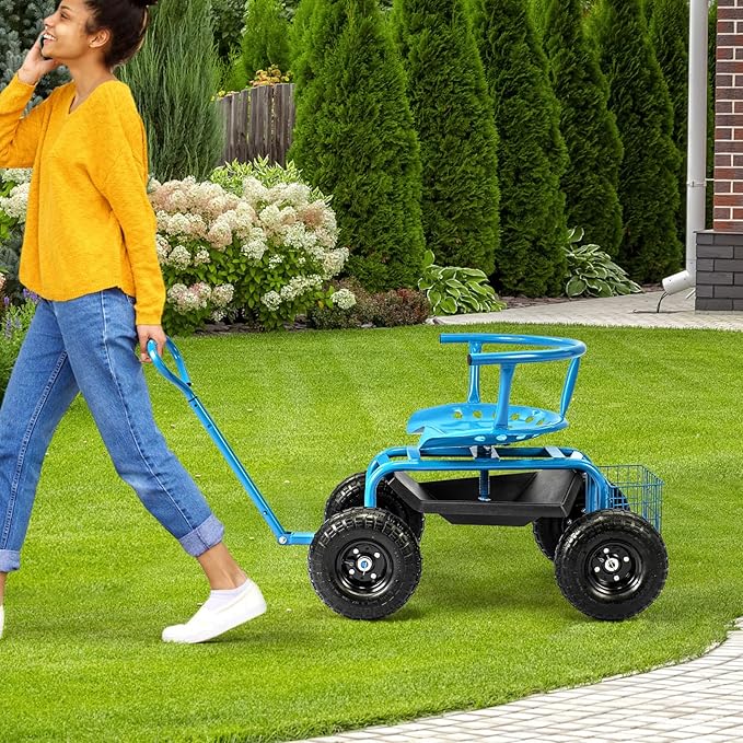 Giantex Rolling Garden Cart, 360 Swivel Workseat with 4 Wheels, Removal Cushion & Tool Tray, Storage Basket, Gardening Wagon Scooter with Adjustable Height, Handle (Blue)