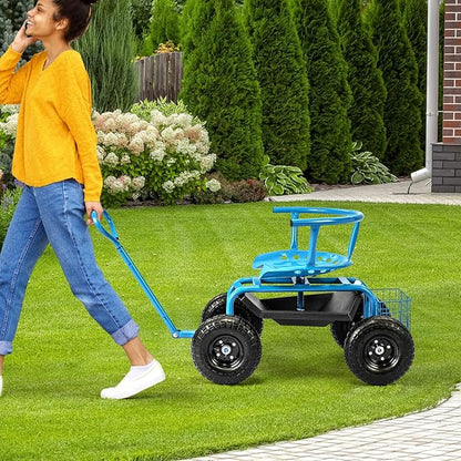 Giantex Rolling Garden Cart, 360 Swivel Workseat with 4 Wheels, Removal Cushion & Tool Tray, Storage Basket, Gardening Wagon Scooter with Adjustable Height, Handle (Blue)