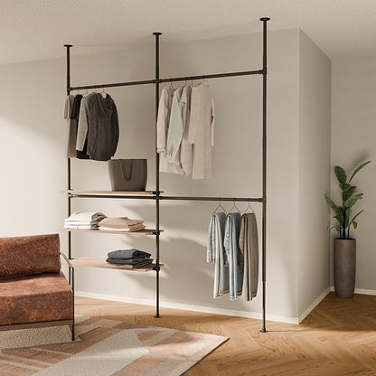 pamo Industrial Pipe Clothing Rack with Shelf - 400 lbs Capacity - Clamping Clothes Rack and Walk In Closet with Oak Shelf for Wardrobe