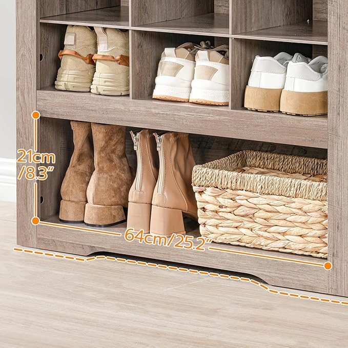 HOOBRO Tall Shoe Cabinet Set of 2, 9 Tier Shoe Storage Cabinet, Freestanding Wooden Shoe Organizer with 24 Cubbies and 3 Hooks, for Entryway, Closet, Living Room, Greige BG24SCP201