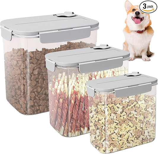 Dog Food Storage Container - Set of 3 Sizes Airtight Dog Treat Cat Food Containers - Small Plastic Pet Treat Holder for Cats, Dogs - Light Grey 3 Lbs + 2 Lbs + 1 Lbs Container Set