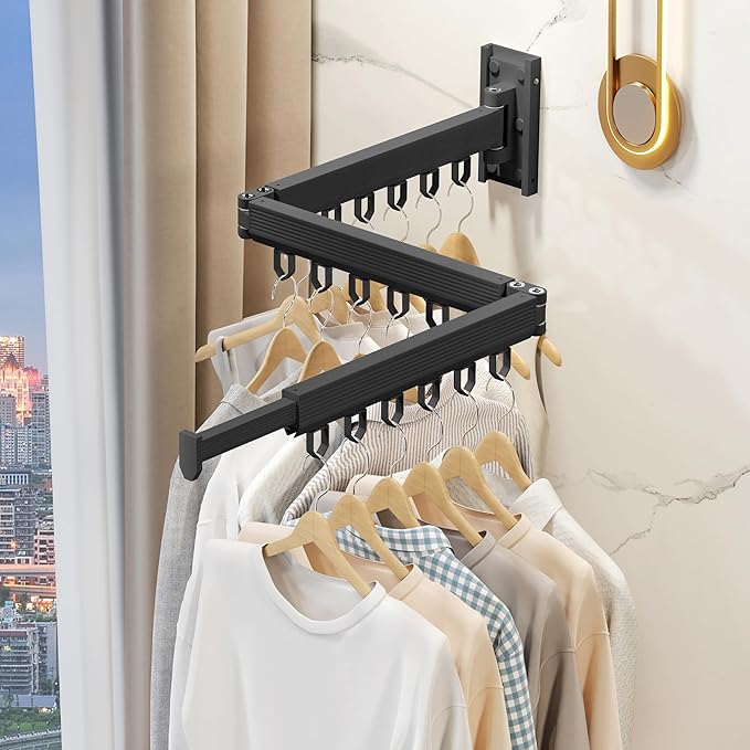 Wall Mounted Clothes Drying Rack, Collapsible Laundry Drying Rack, Retractable Foldable Drying Rack Clothing for Hanging Clothes,Black-Rings