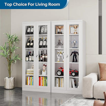 Display Cabinet with Glass Doors, 71 Inches Metal Display Case with 4 Adjustable Shelves, Curio Storage Cabinet with Lock for Home, Office, Book, Pantry, Assemble Required (White)