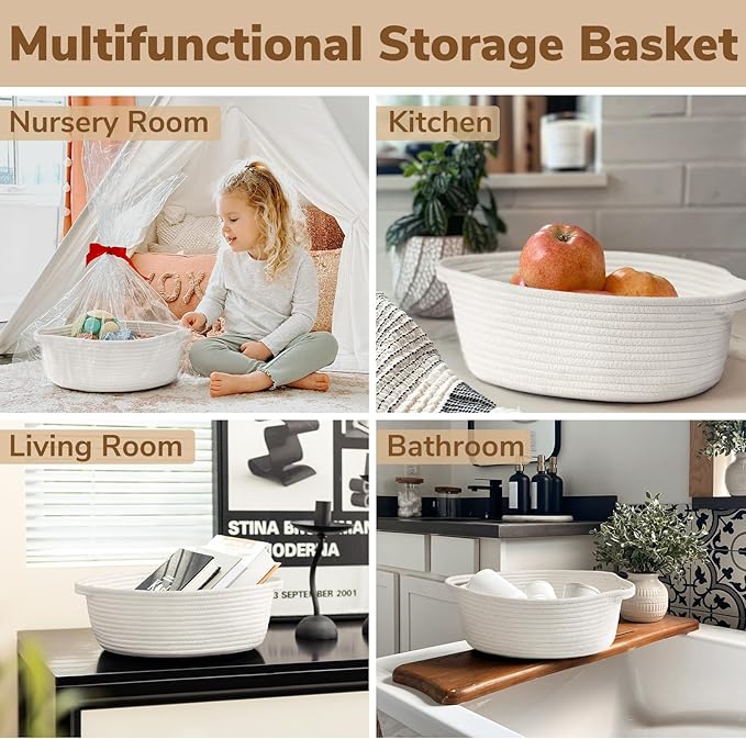 Goodpick White Baby Laundry Basket with Handles, Cute Cotton Rope Baskets for Toys, Small Basket for Organizing Gifts,Snacks,Woven Storage Baskets for Bathroom, 12"x 8" x 5"