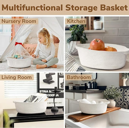 Goodpick White Baby Laundry Basket with Handles, Cute Cotton Rope Baskets for Toys, Small Basket for Organizing Gifts,Snacks,Woven Storage Baskets for Bathroom, 12"x 8" x 5"