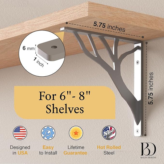Rustic Tree Chrome Heavy Duty Shelf Brackets 6 inch by Balin Designs, Silver Decorative L Brackets, Iron Metal Floating Shelf Bracket, Wall Mount Shelving Bracket, Included Hardware, Set of 4