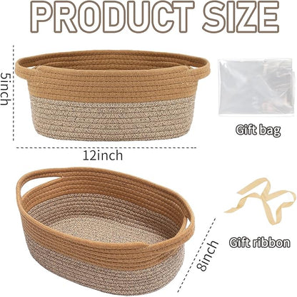 Woven Basket,Small Rope Storage Bin with Handles & Ribbon Bag, Organizer for Shelves Closets,Gift Basket Empty for Birthday,Books,Dog Toys, Jute&Brown/3 Pack