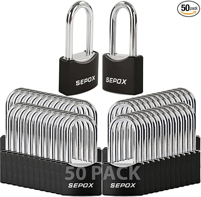 SEPOX®50-Pack 1-9/16" Outdoor Padlocks, Keyed Alike, 1-5/8" Long Shackle, Black Powder Coated, Long Shackle Brass Cylinder for Gates, Sheds, Storage, Marine Use