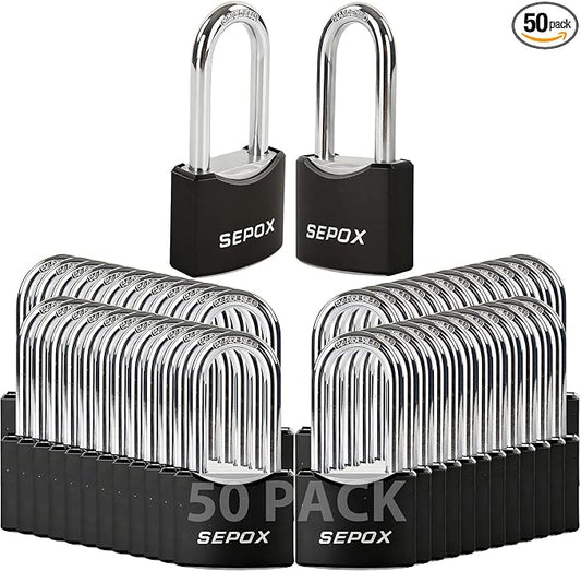 SEPOX®50-Pack 1-9/16" Outdoor Padlocks, Keyed Alike, 1-5/8" Long Shackle, Black Powder Coated, Long Shackle Brass Cylinder for Gates, Sheds, Storage, Marine Use