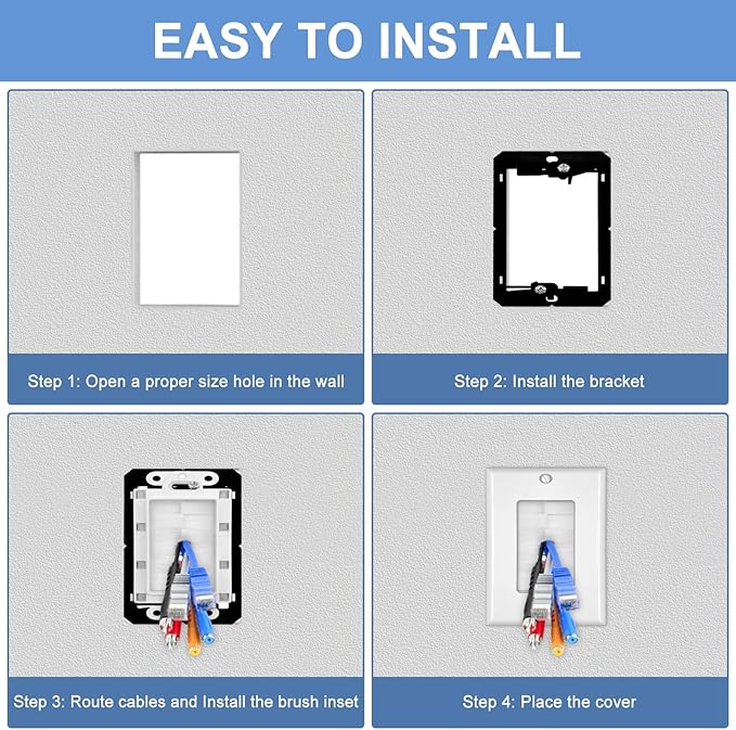 Brush Wall Plate with Low Voltage Mounting Bracket - Cable Pass Through Wall Plates for Home Theater, and TV Wall Outlets, Single Gang Cable Access Strap, Durable Wire Hider Wall Socket
