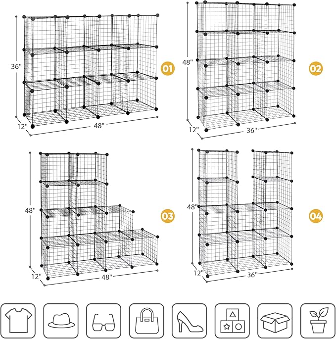 SUPER DEAL Metal Wire Cube Storage Organizer, 12 Cubes DIY Modular Cabinet Bookcase Bookshelf Shoe Rack Stackable Wire Cube Closet for Home, Office, Living Room, Bedroom