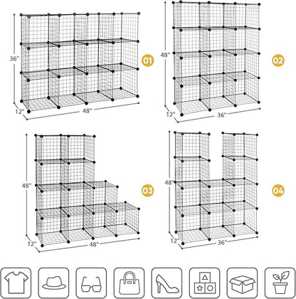 SUPER DEAL Metal Wire Cube Storage Organizer, 12 Cubes DIY Modular Cabinet Bookcase Bookshelf Shoe Rack Stackable Wire Cube Closet for Home, Office, Living Room, Bedroom