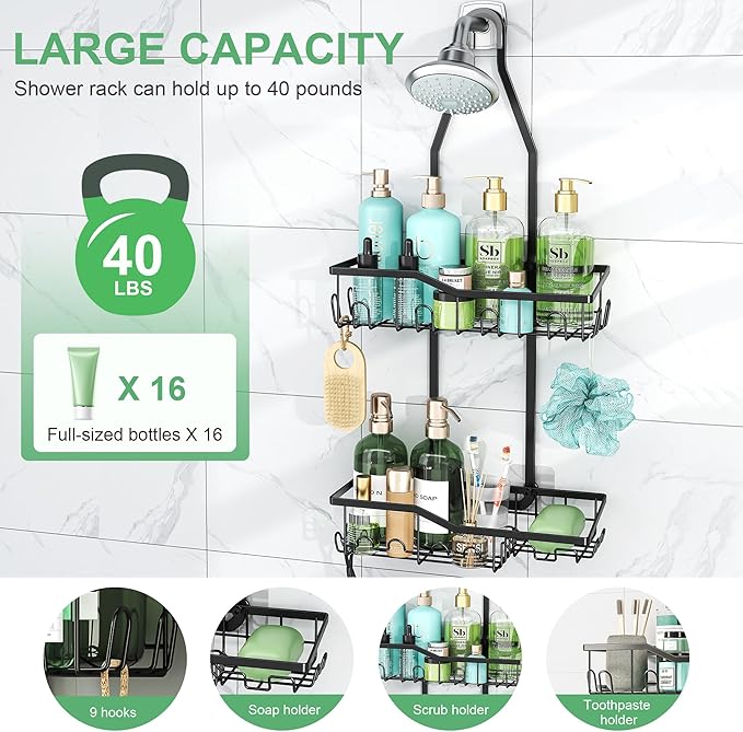 Shower Caddy Hanging,Rustproof Anti-Swing Shower Organizer,2 Tier Hanging Bathroom Caddy Anti-swing and Non-slip,Bathroom Organizer with 18 Hooks for Razor/Sponge