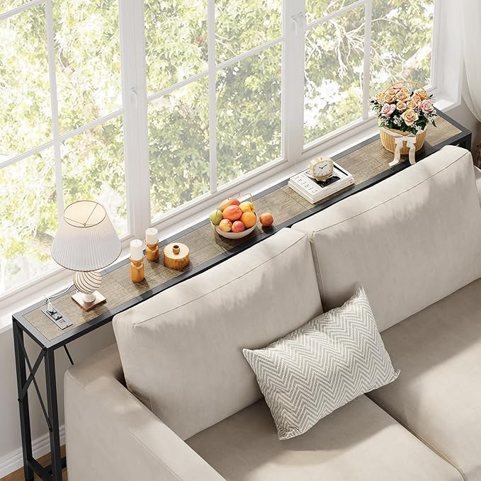 70" Sofa Tables Narrow Long, Behind Couch Table with Oulets & USB Ports, Industrial Long Skinny Stand for Entryway,Hallway, Living Room, Bedroom 7.9" D x 70" W x 30.3" H