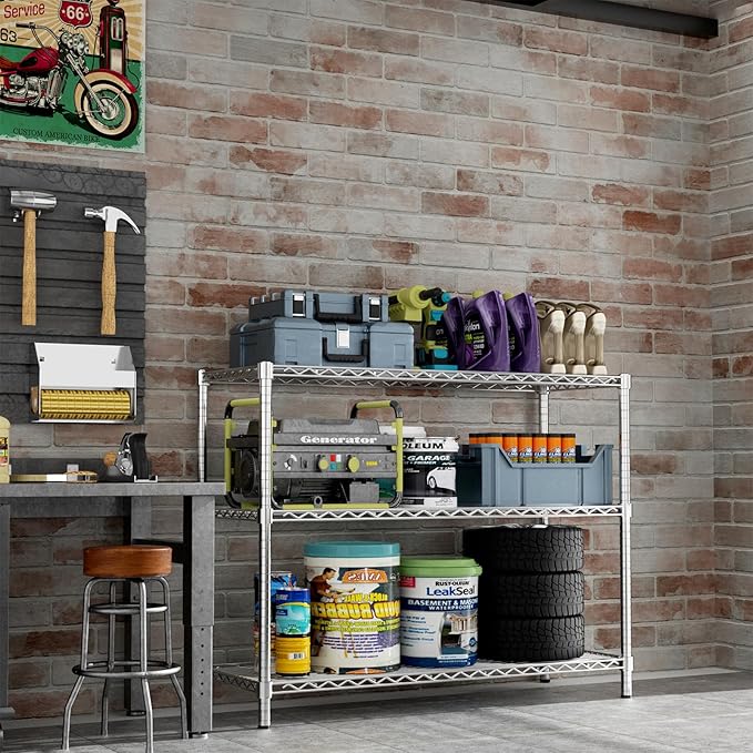 Storage Shelves Heavy Duty, 45" W x 20" D x 47" H Garage Wire Shelving Unit Loads 1200LBS, 3-Tier Adjustable Metal Industrial Utility Shelf Rack for Kitchen, Laundry Room, Pantry, Warehouse, Basement