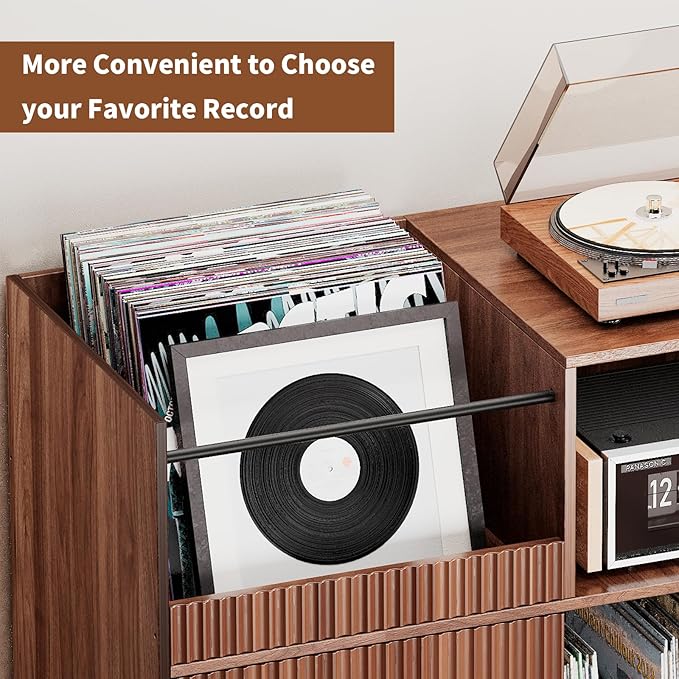 Large Record Player Stand with Power Outlets & LED Lights, Record Player Table Cabinet with Vinyl Record Storage Holds up to 300 Albums, Turntable Stand for Living Room, Bedroom
