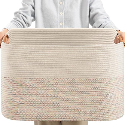danpinera 108L Large Basket for Living Room, Boho Decorative Basket Organizing with Handles, Cotton Rope Storage for Toys, Pillows, Clothes, 25’’*16’’*16’’ Rainbow