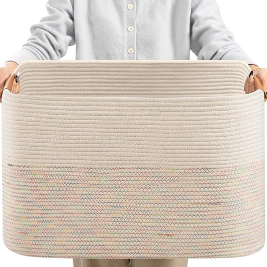 danpinera 108L Large Basket for Living Room, Boho Decorative Basket Organizing with Handles, Cotton Rope Storage for Toys, Pillows, Clothes, 25’’*16’’*16’’ Rainbow