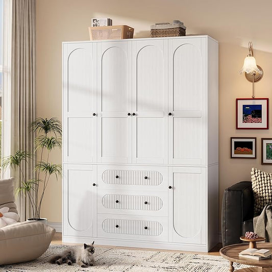 4 Doors Freestanding Armoire Wardrobe Closet, 72" White Wardrobe Armoire Wooden Closet Large Capacity Storage with 3 Drawers & 3 Hanging Rod Shelves Clothes Organizer