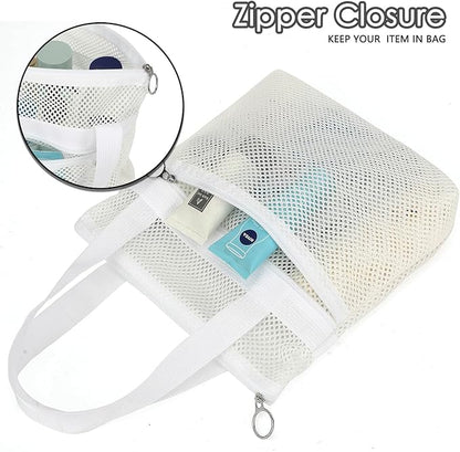 Mesh Shower Caddy Portable Shower Bag for Travel,Gym,Camping – Quick-Dry Hanging Toiletry Organizer with Zipper Pockets for Bathroom Essentials,White