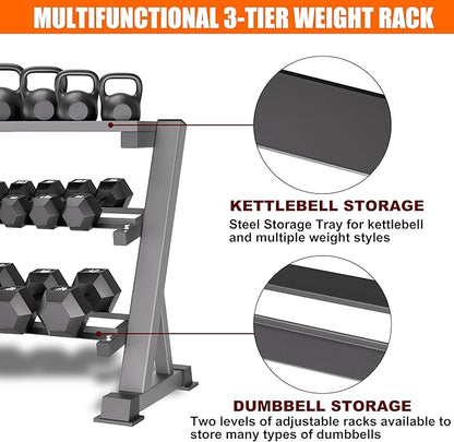 Heavy Duty 3 Tier Dumbbell Rack Stand, 1200LBS Weight Rack for Home Gym, Dumbbell and Kettlebell Storage with Adjustable Width, Stand Only